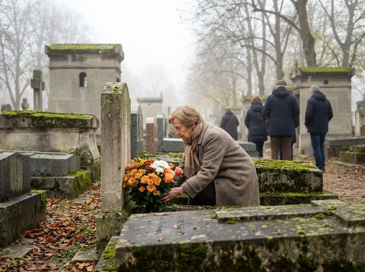 Femme âgée déposant des fleurs lors de la Toussaint