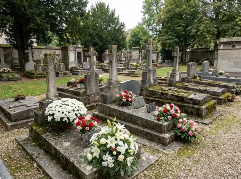 Vue large d'un cimetière avec diverses tombes fleuries