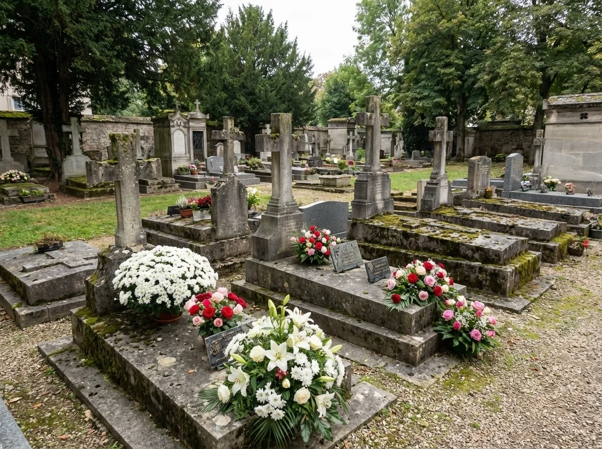 Vue large d'un cimetière avec diverses tombes fleuries