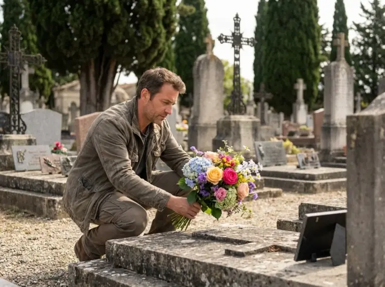 Homme d'âge moyen arrangeant des fleurs sur une tombe